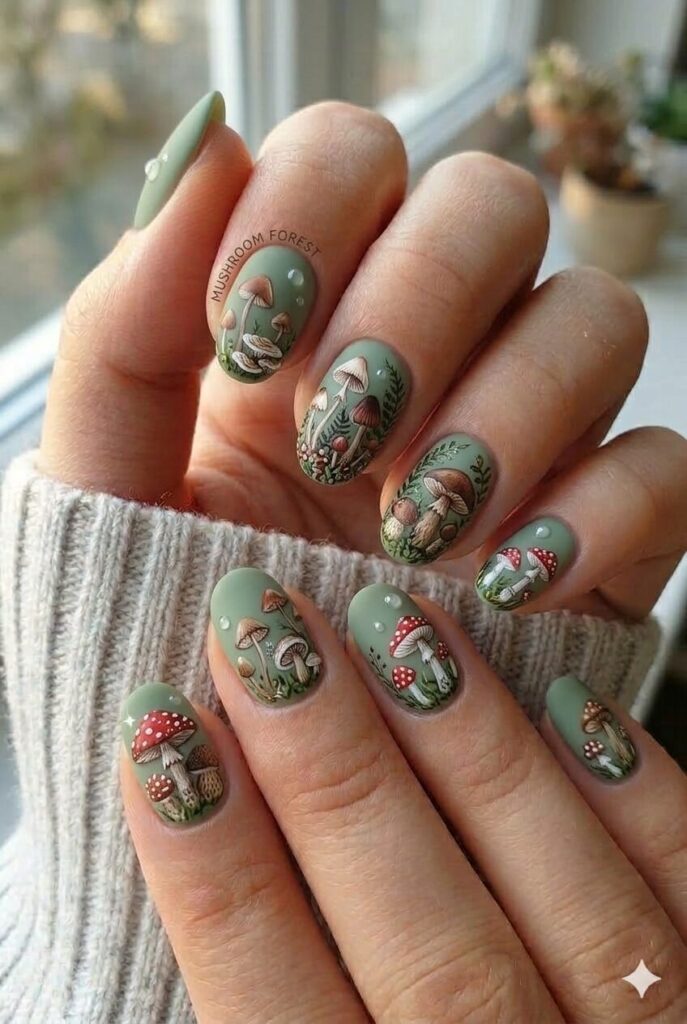 Mushroom forest earthy nail design with cute mushrooms brown red white on earthy base, cottagecore woodland April manicure 2026