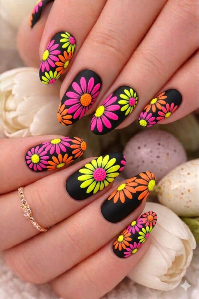 Neon daisy nail art with bold neon colored daisies hot pink neon orange electric yellow, bright statement manicure 2026