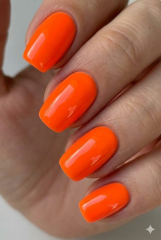 Neon orange sunset summer nail design with vibrant electric orange glowing like tropical sunset, bold trending summer nail idea 2026