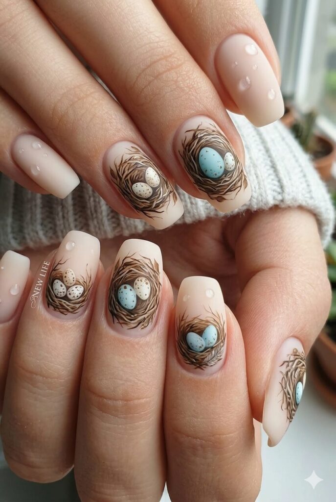 Nest with eggs nail design with cute bird nests brown twigs tiny blue speckled eggs inside, heartwarming April manicure 2026
