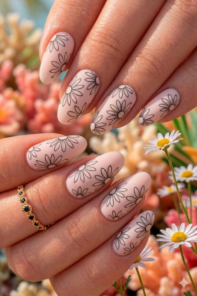 Outlined daisy sketch nail art with daisy outlines without filled petals like line drawings, minimalist artsy manicure 2026