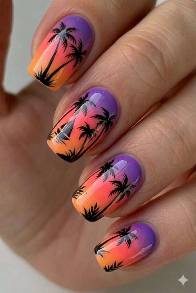 Palm tree paradise summer nail design with black palm silhouettes against sunset gradient sky, tropical summer nail idea 2026