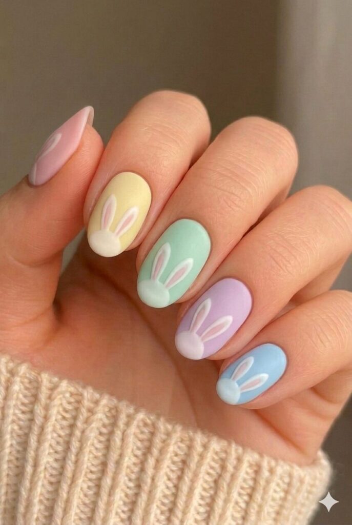 Pastel bunny ears minimalist nail design with simple ear shapes on different pastel bases, subtle modern Easter manicure