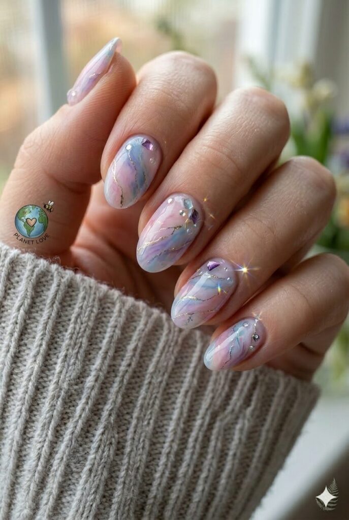 Pastel marble elegant nail design with soft pink blue purple pastels swirling marble effect, luxurious April manicure 2026