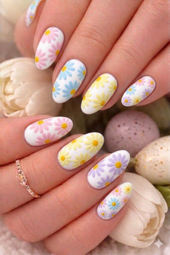 Pastel rainbow daisy nail art with different pastel colored daisies pink blue yellow lavender on white base, colorful manicure 2026