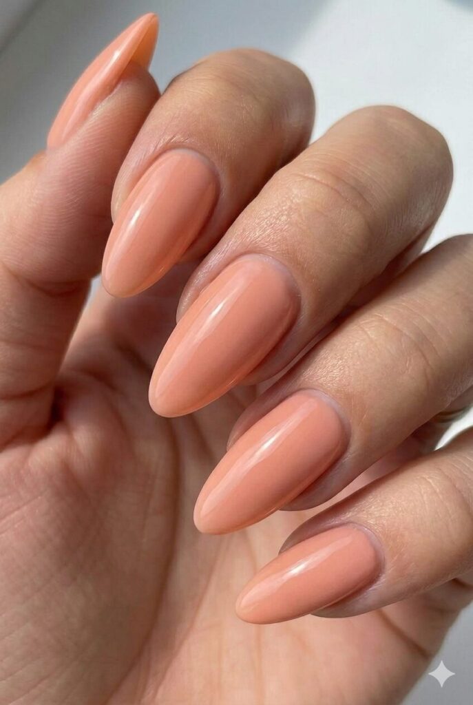Peach paradise soft summer nail design with warm soft peachy shade like ripe summer peach, feminine summer nail idea 2026