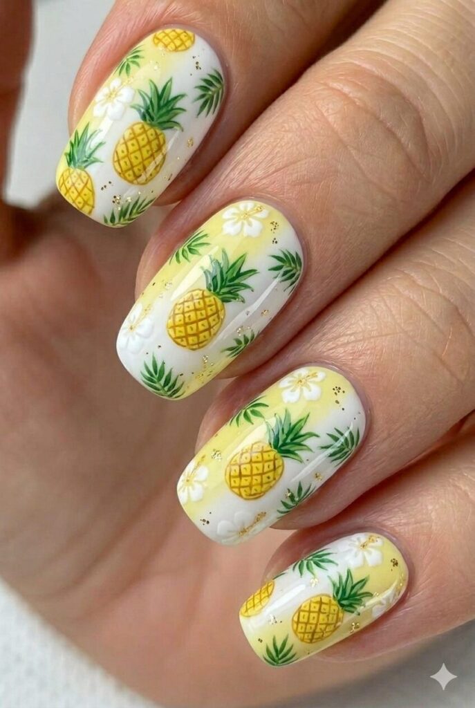 Pineapple tropical summer nail design with yellow pineapples green crowns on white base, cute vacation summer nail idea 2026