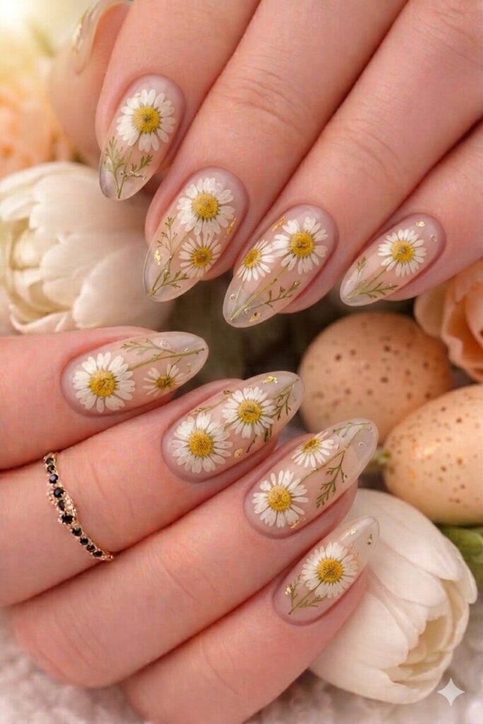 Pressed daisy dried flower nail art looking like real pressed daisies preserved flat like in book, botanical elegant manicure 2026