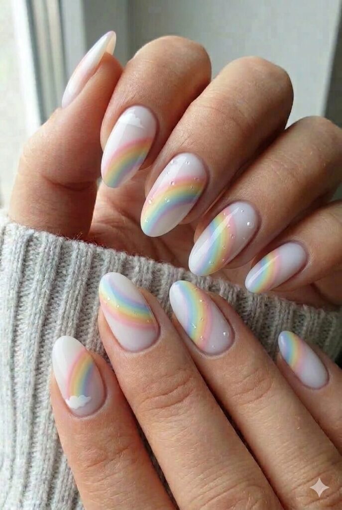 Rainbow after rain nail design with soft pastel rainbow arcs on white nude base, magical hopeful April manicure 2026