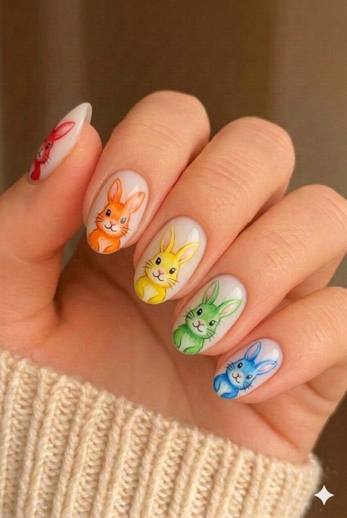 Rainbow bunny colorful nail design with different rainbow colored bunnies on each nail, cheerful Easter manicure
