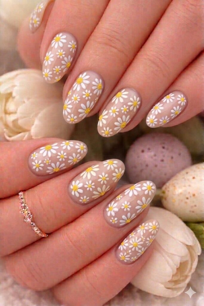 Scattered daisy field nail art with multiple small daisies randomly placed like wildflower meadow, nature manicure 2026
