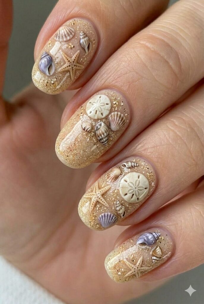 Seashell beach accent summer nail design with delicate seashells starfish on sandy nude base, coastal summer nail idea 2026