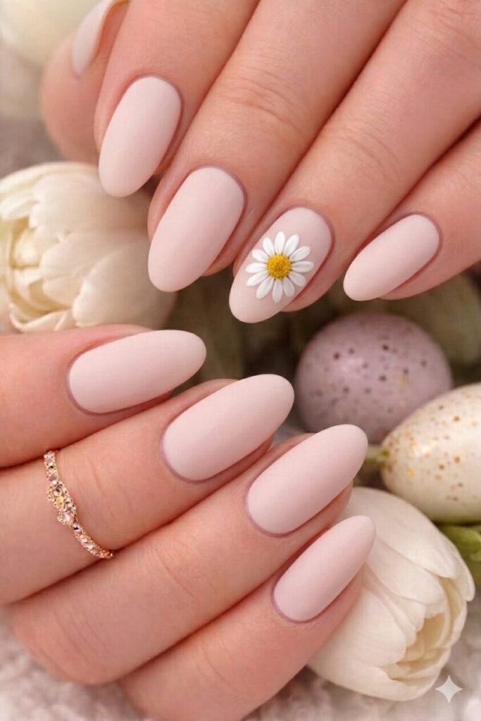 Single daisy accent nail art with one beautiful daisy on ring finger solid colors on others, minimalist manicure 2026