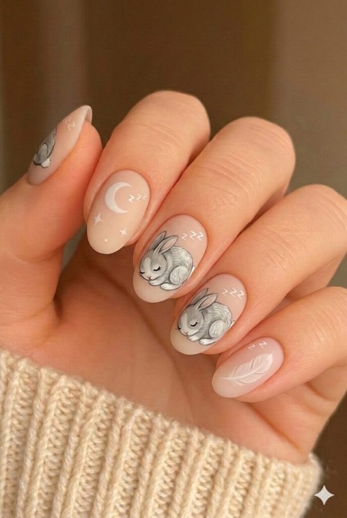 Sleeping bunny nail design with adorable bunny curled up closed crescent eyes and zzz marks, peaceful Easter manicure
