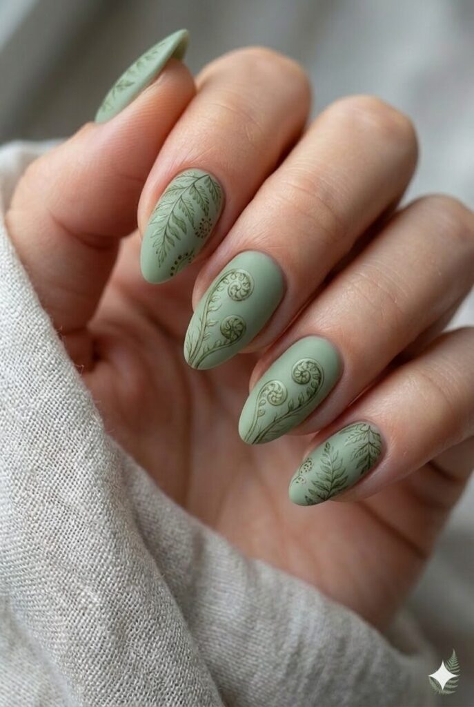 Soft fern green nail design with muted natural green shade like April unfurling ferns, earthy sophisticated manicure 2026