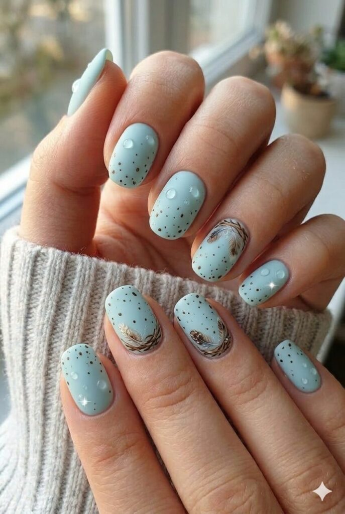 Soft robin egg blue nail design with specific soft blue shade like robin eggs in nests, classic spring April manicure 2026