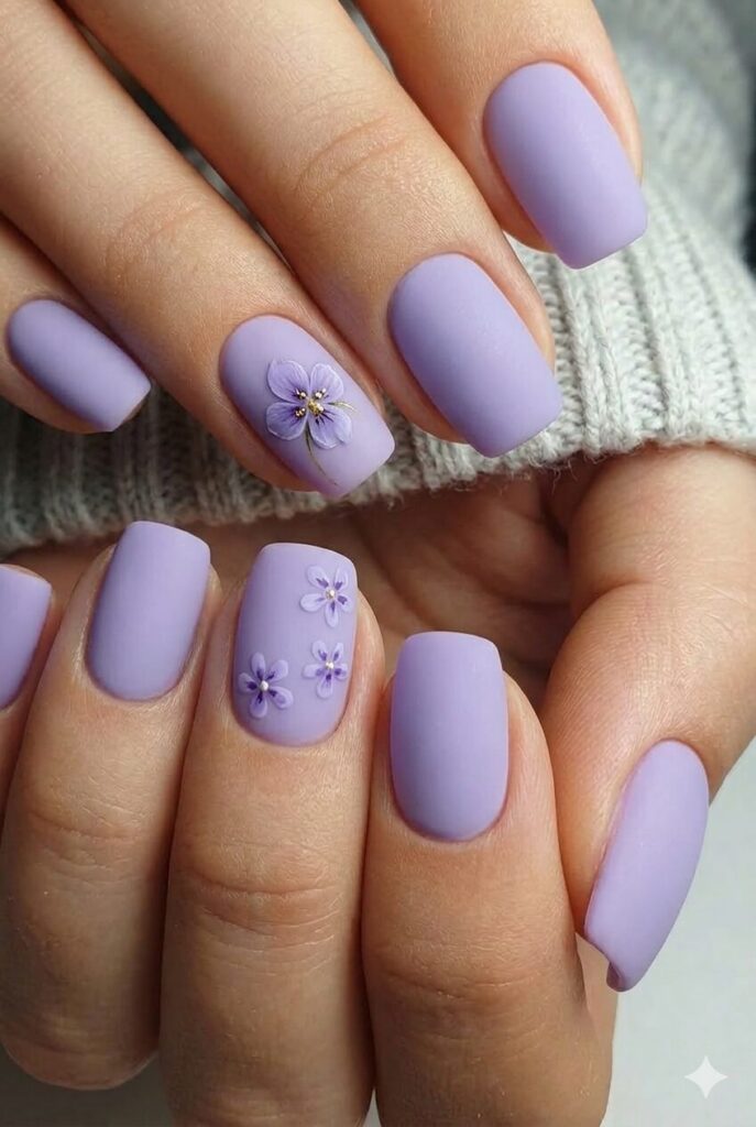 Soft violet spring nail design with gentle purple shade like April violet flowers, romantic feminine elegant manicure 2026