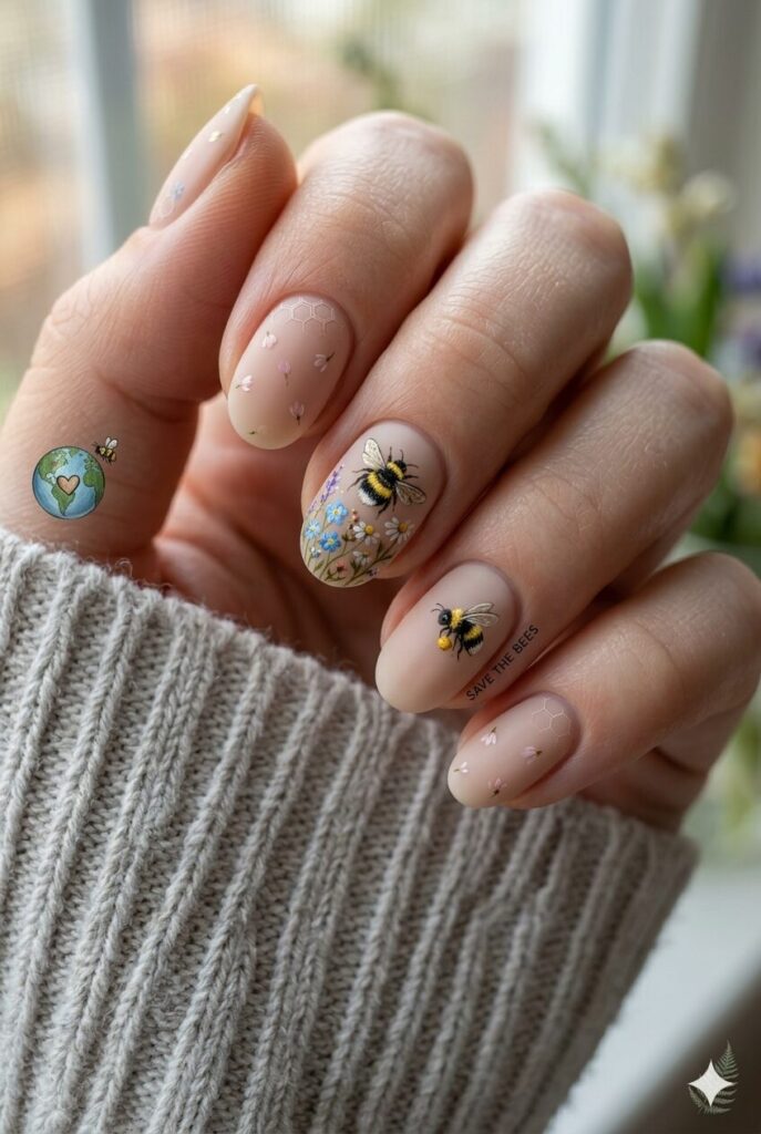 Spring bee cute nail design with little bees buzzing yellow black stripes tiny wings, adorable pollinator April manicure 2026