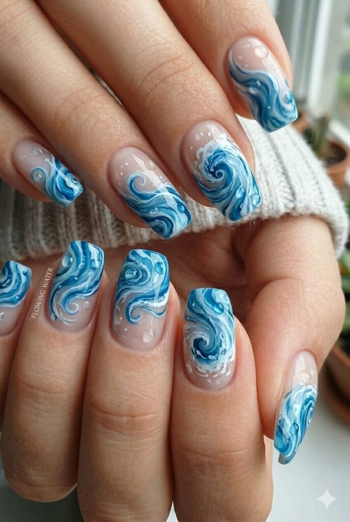 Spring creek water nail design with flowing water effect blue white swirls like fresh creek water, refreshing April manicure 2026