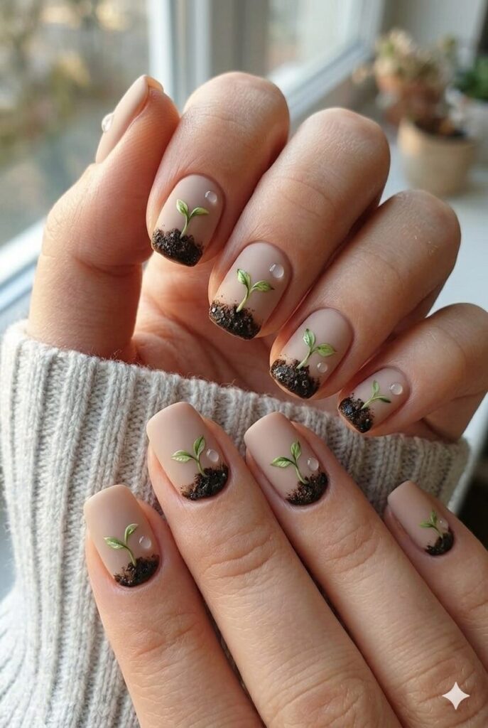 Spring sprout growing nail design with tiny green sprouts emerging from brown soil, new beginnings symbolic April manicure 2026