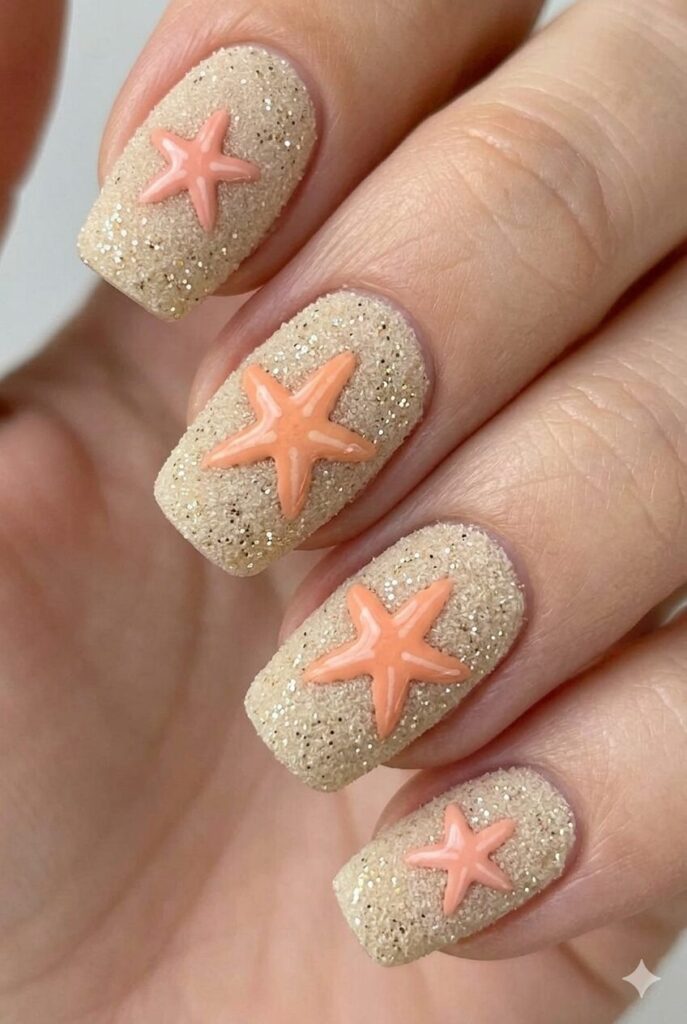 Starfish sandy beach summer nail design with cute orange pink starfish on sandy textured base, coastal summer nail idea 2026