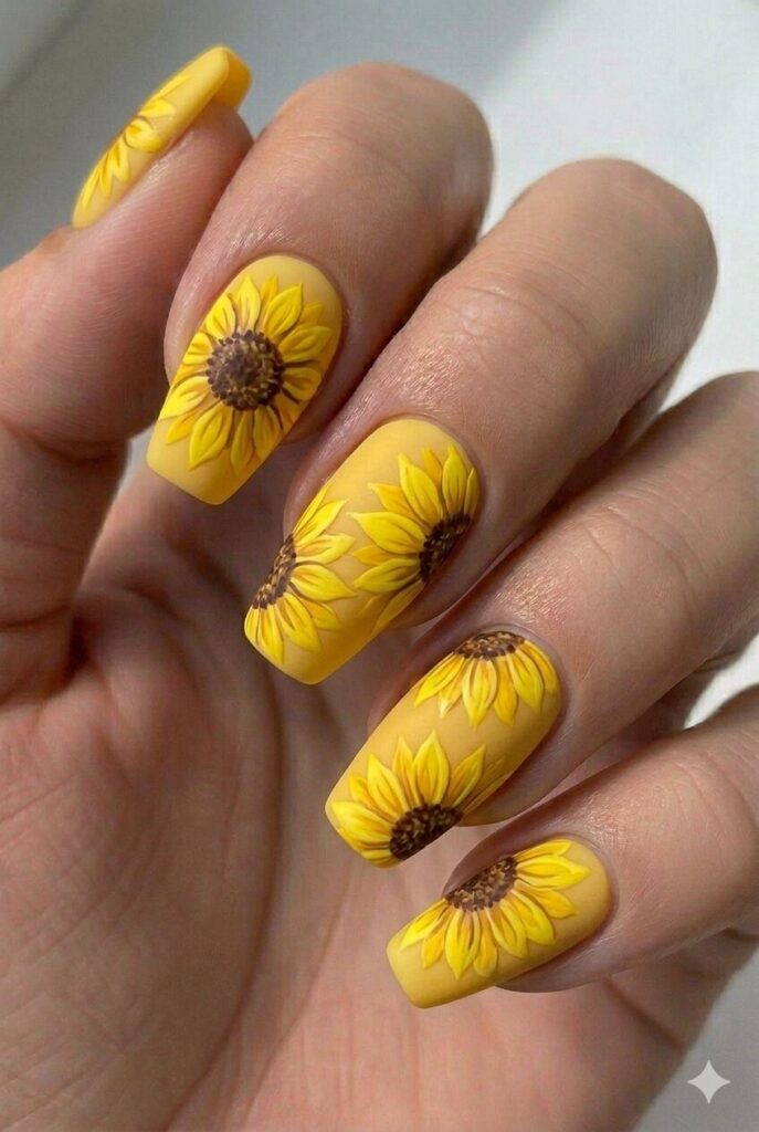Sunflower happy yellow summer nail design with cheerful sunflowers brown centers yellow petals, optimistic summer nail idea 2026