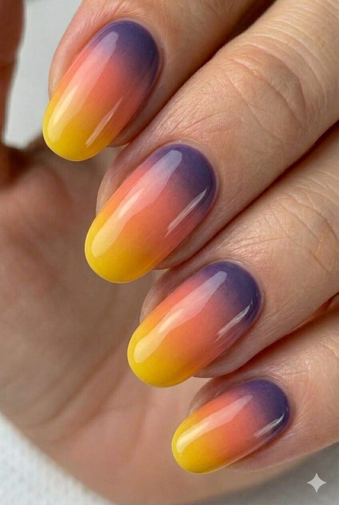 Sunset gradient ombre summer nail design with orange pink purple yellow blending like evening sky, artistic summer nail idea 2026