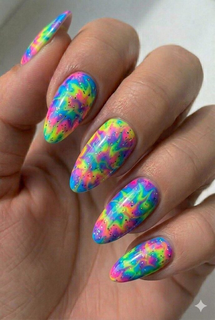 Tie dye colorful groovy summer nail design with psychedelic tie dye patterns swirling multiple bright colors, retro summer nail idea 2026