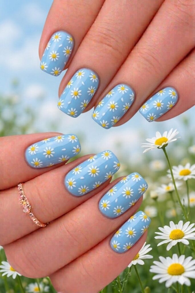 Tiny micro daisy nail art with very small delicate daisies scattered across nails, dainty elegant manicure 2026