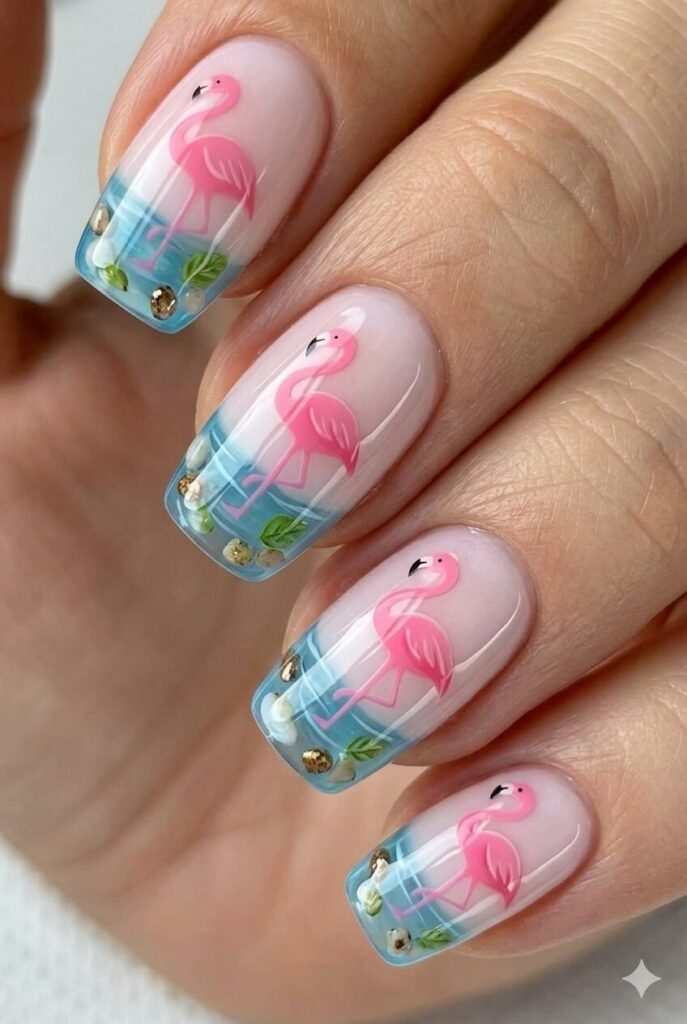 Tropical flamingo pink summer nail design with cute flamingo silhouettes on bright pink base, playful summer nail idea 2026