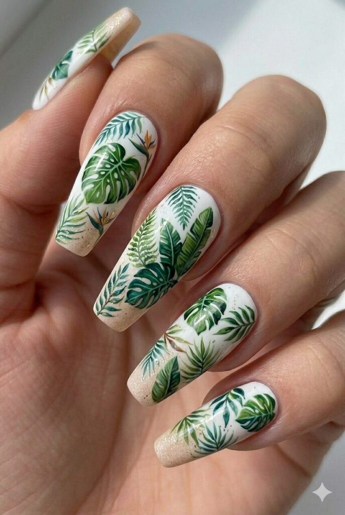 Tropical leaves jungle summer nail design with lush green monstera and palm leaves on white base, botanical summer nail idea 2026