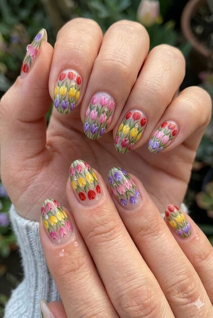 Tulip field colorful nail design with rows of red yellow pink purple tulips like Dutch tulip field, bold April manicure 2026