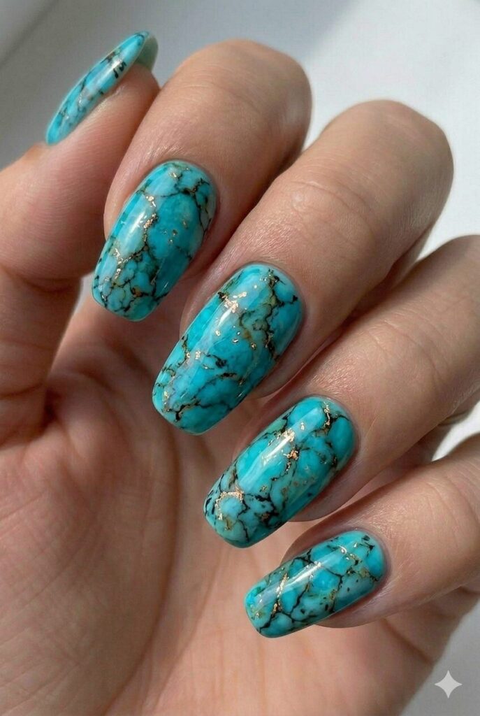 Turquoise stone natural summer nail design with blue-green shade and natural veining like real gemstone, boho summer nail idea 2026