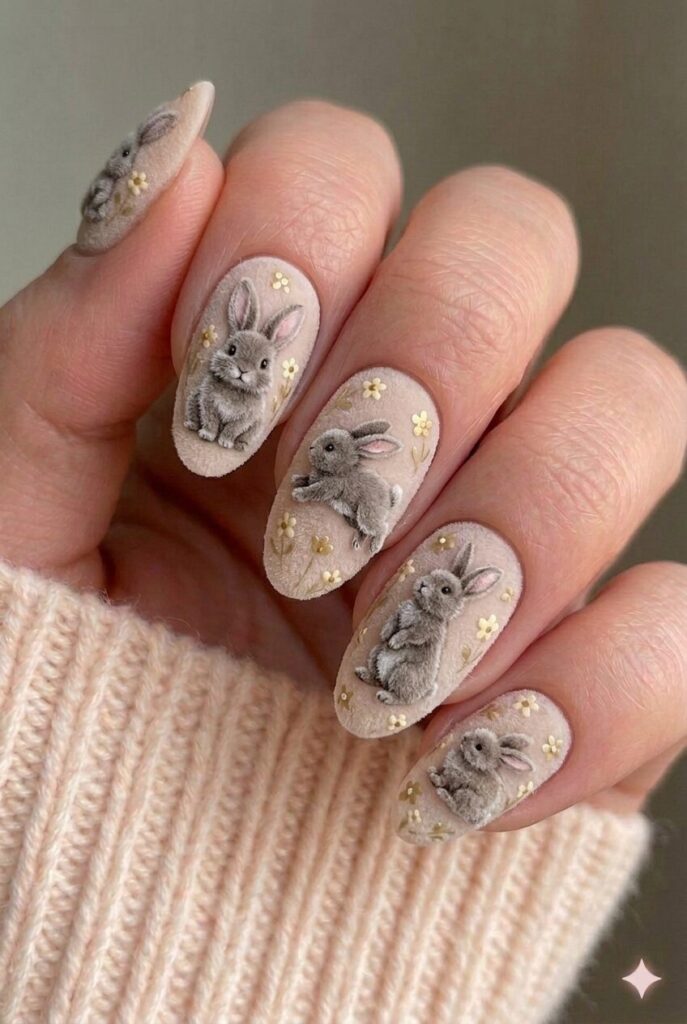 Velvet texture bunny nail design with velvet flocked powder soft-looking bunnies matte fuzzy texture, unique Easter manicure