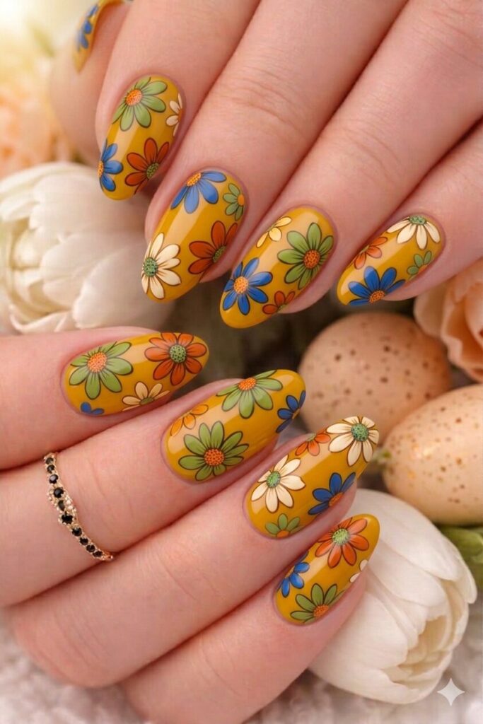 Vintage daisy retro nail art with 60s 70s inspired groovy flower power style bold colors, nostalgic trendy manicure 2026