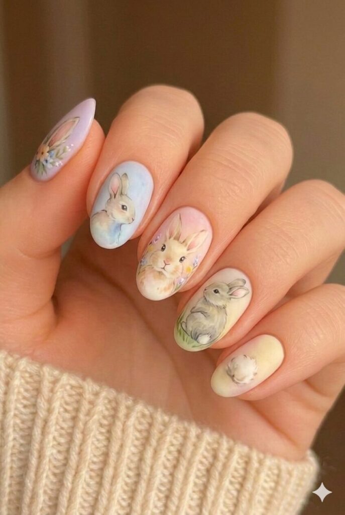 Watercolor bunny nail design with soft diffused bunny like watercolor painting blended colors, artistic Easter manicure