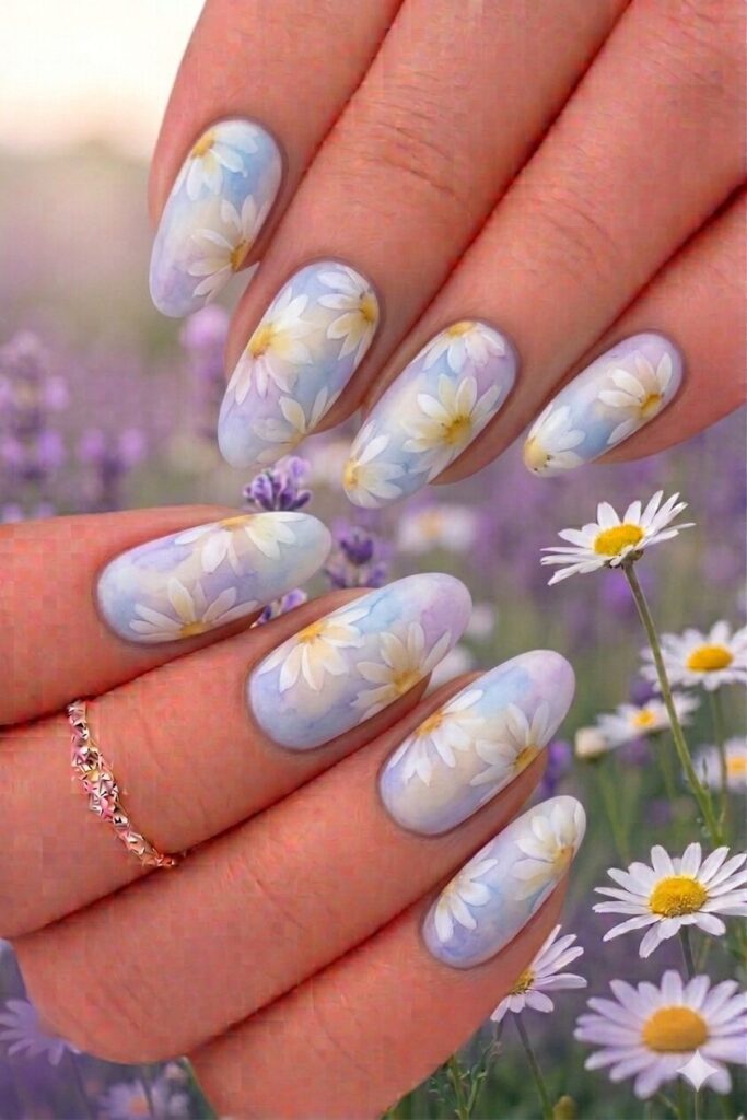 Watercolor daisy nail art with soft diffused artistic effect daisies like watercolor paintings, dreamy artistic manicure 2026