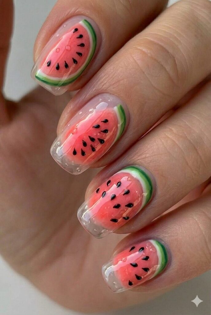 Watermelon slice summer nail design with pink flesh green rind black seeds like juicy fruit, fun trending summer nail idea 2026