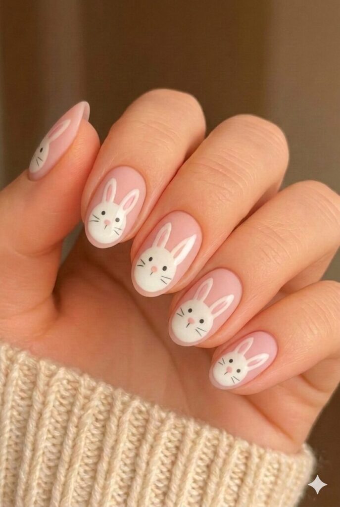 White bunny face nail design on soft pink base with long ears dot eyes tiny nose and whiskers, cute Easter manicure