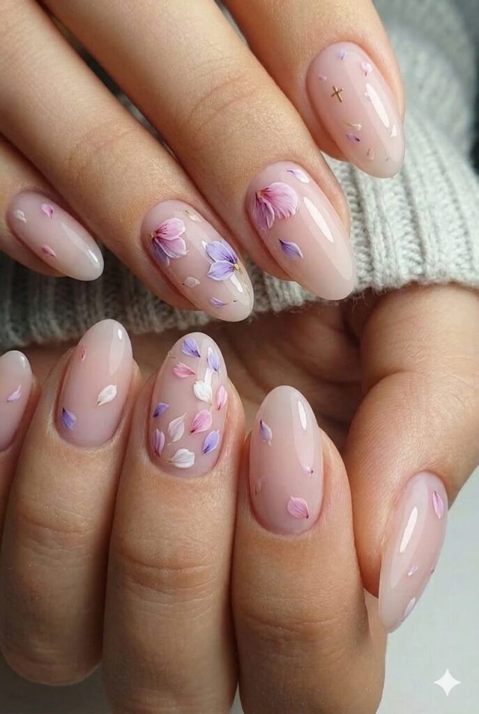 Wind blown petal nail design with scattered pink white purple petals floating like spring breeze, romantic dreamy April manicure 2026