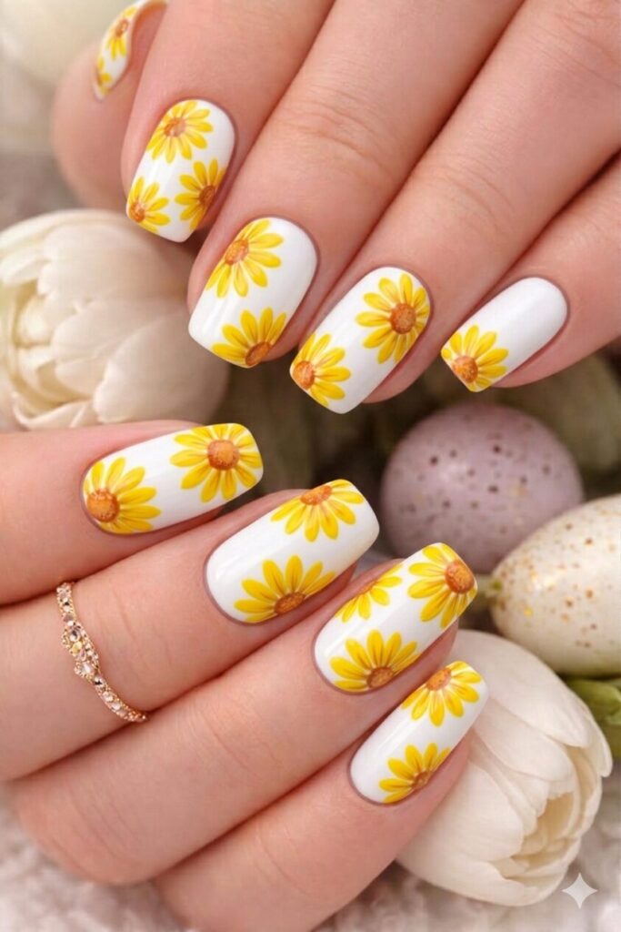Yellow daisy nail art on white base with bright yellow petals orange brown centers, sunny cheerful garden manicure 2026