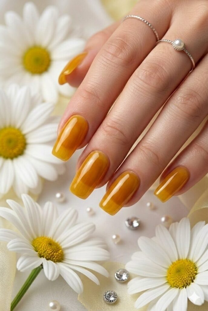 Amber glow square yellow prom nails with a warm rich tone on a neat square shape