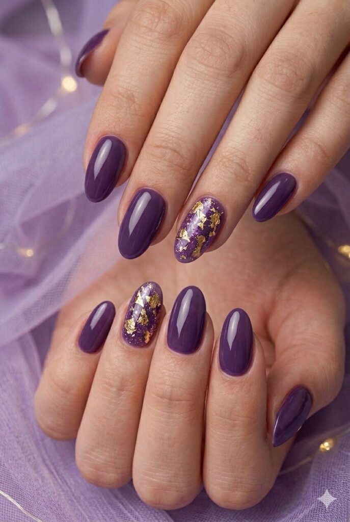 Amethyst foil veil purple prom nails with glossy purple base and gold foil accents