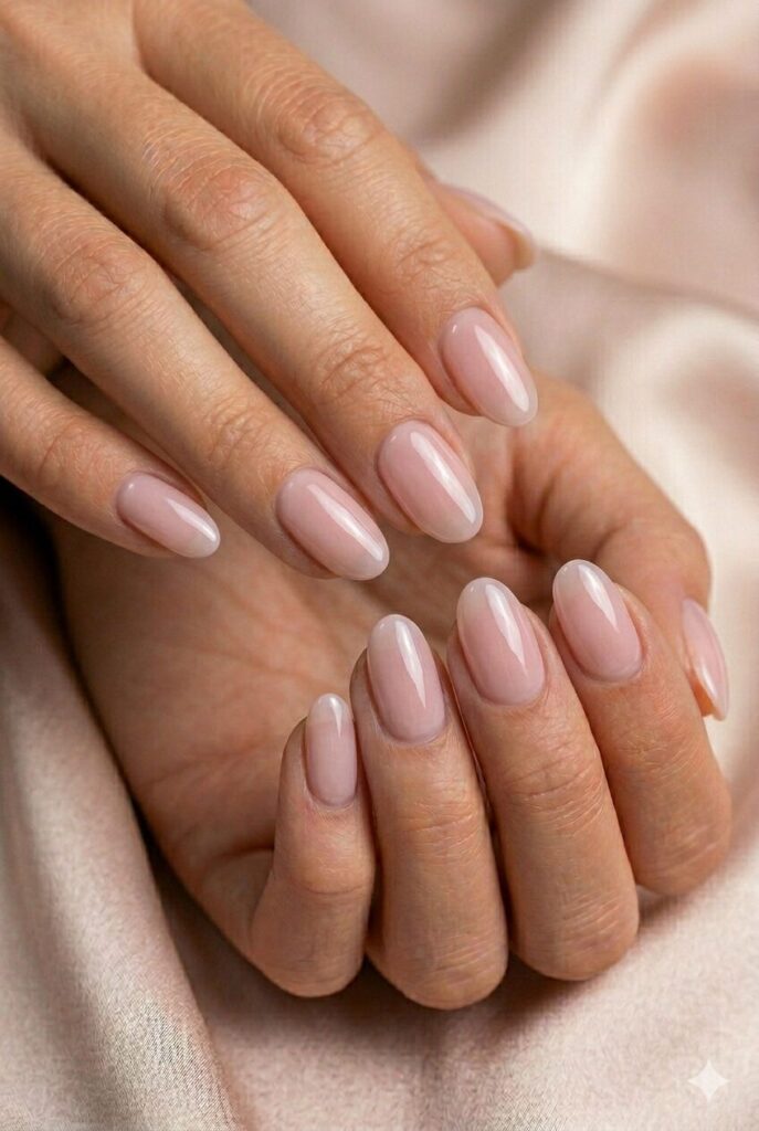 Ballet pink glaze prom nails with a soft pearly finish for a timeless elegant look