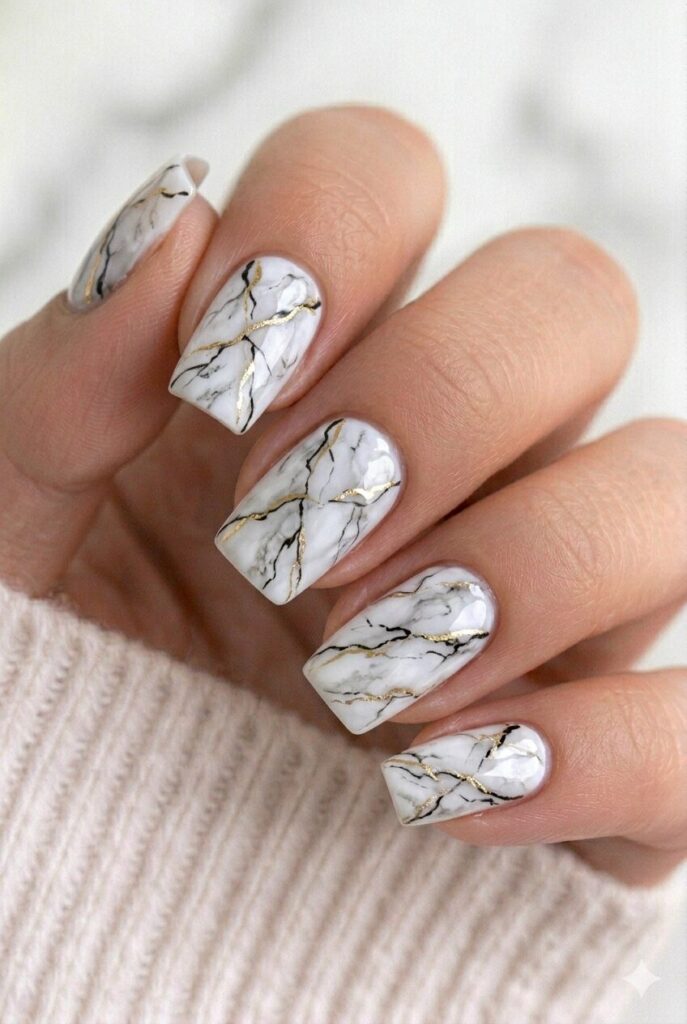 Black and gold marble graduation nails with artistic swirls and a glossy high-end finish