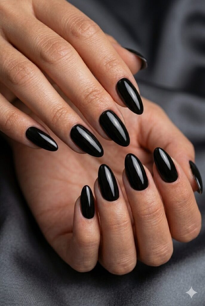 Glossy black prom nails with a sleek formal finish for a bold evening style