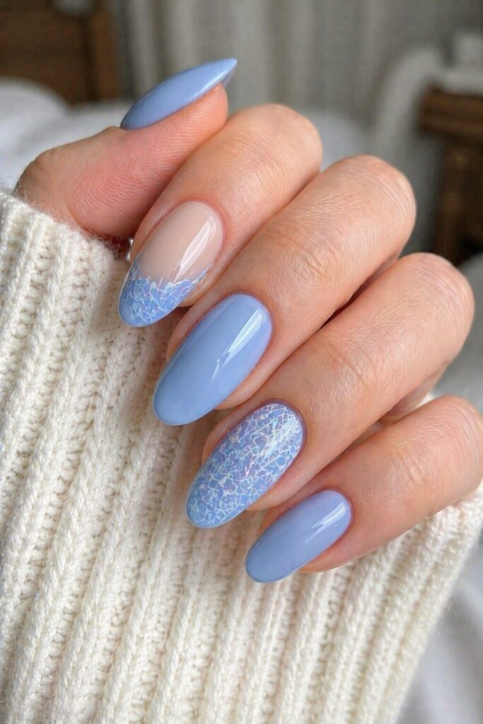 Blue lace accent prom nails with soft blue base and delicate lace detail on accent nails