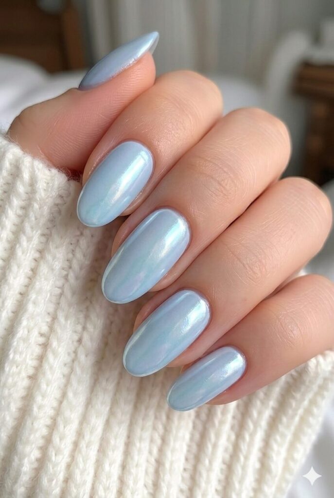 Blue pearl chrome prom nails with pale blue base and pearly chrome glow