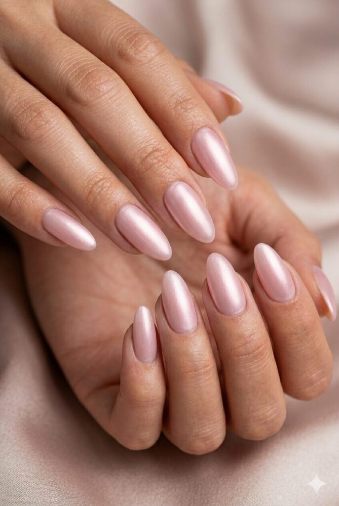 Blush pink satin prom nails with a silky soft finish for a romantic and elegant manicure