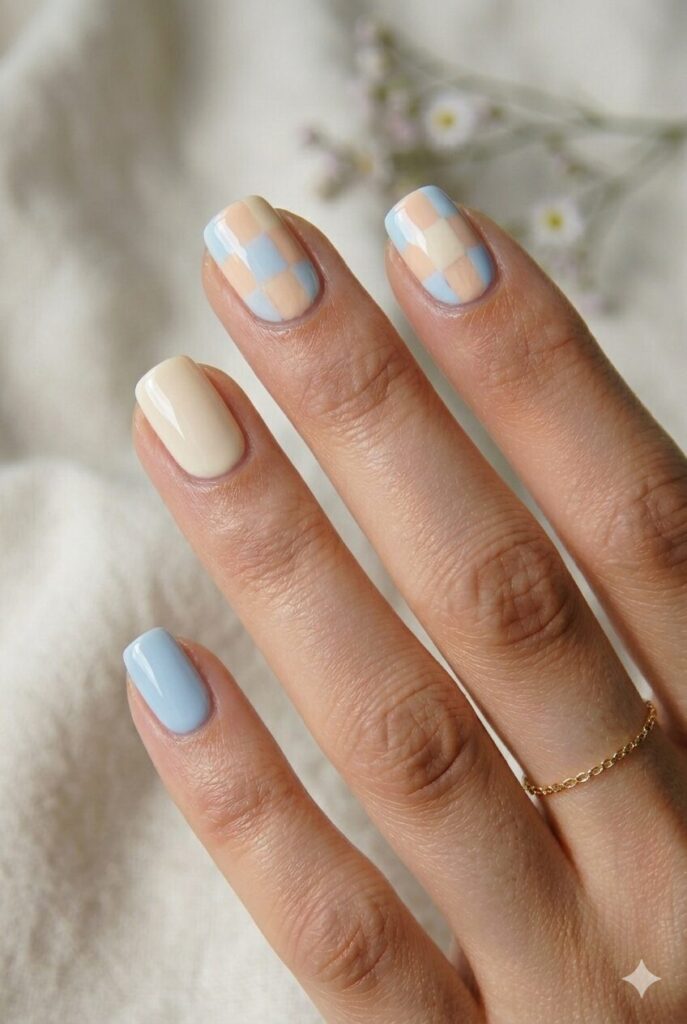 May nail designs with soft buttercream checker accents in pale spring colors